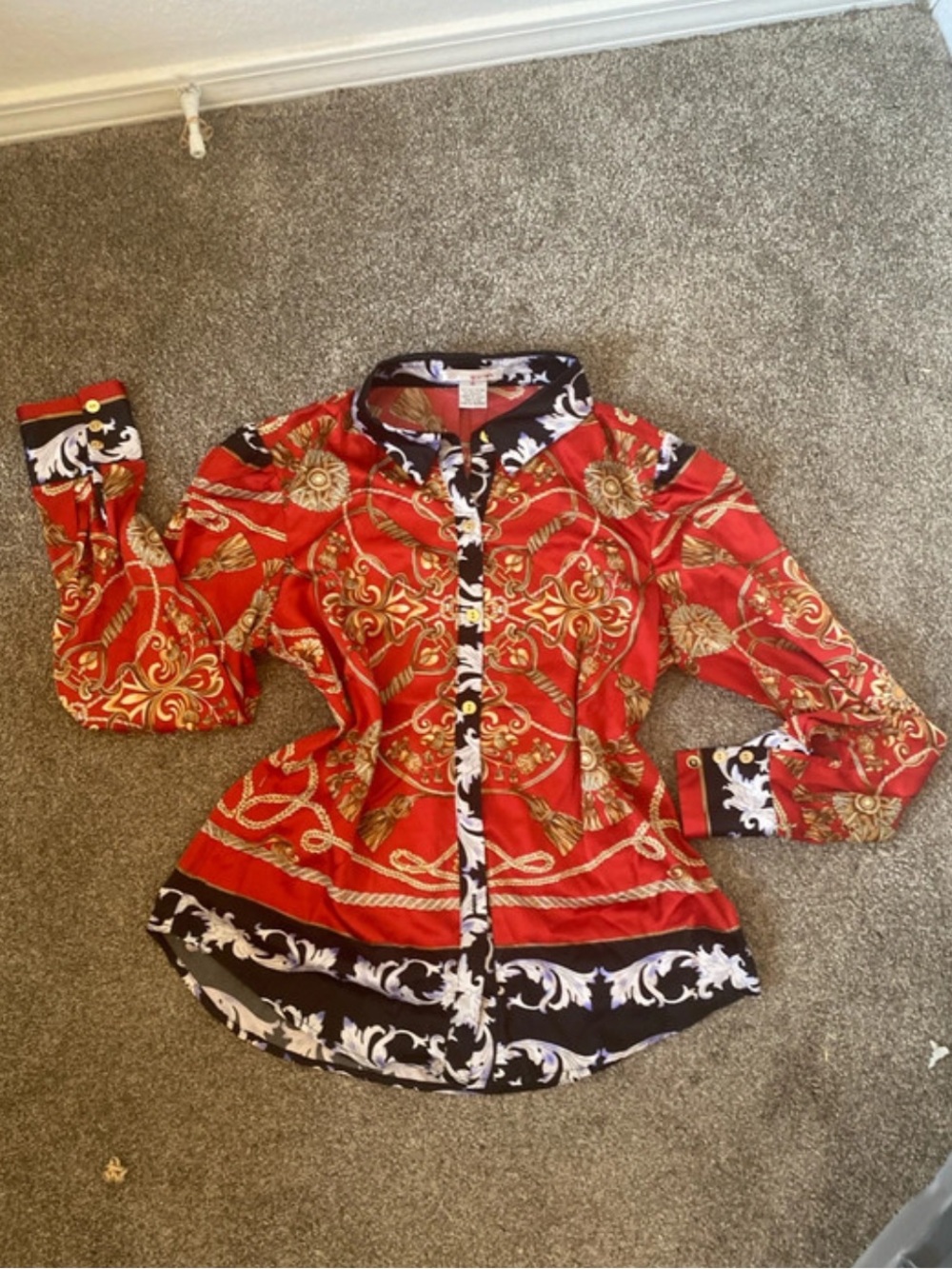 WD.NY Red & Black tassel Baroque-Print Button-Down blouse